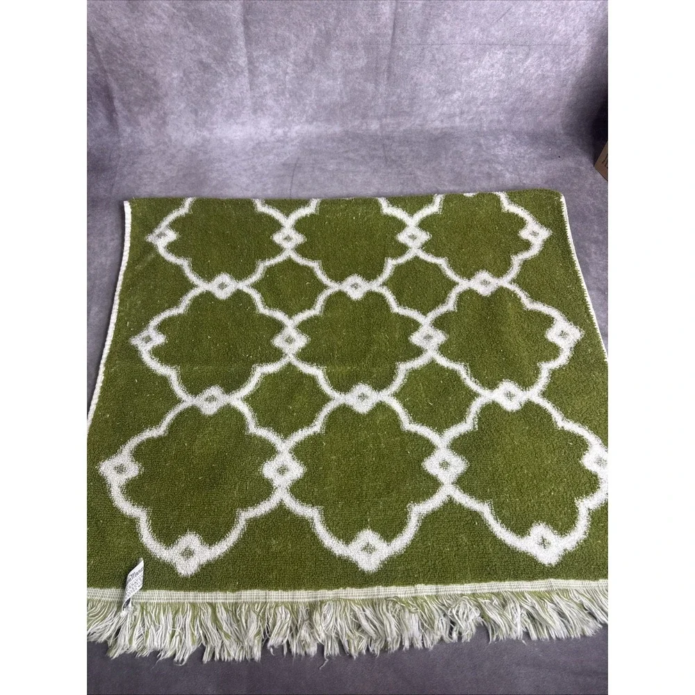 Fashion Manor‎ Green & White Vintage Floral Fringe Towel Set Cotton Retro